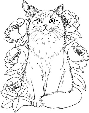 Persian Cat Among Garden Blooms - Printable coloring page