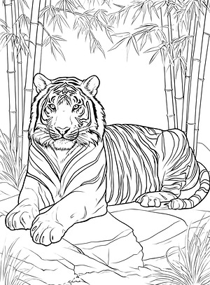 Tiger Stretched in Bamboo - Printable coloring page