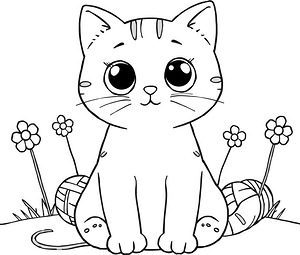 Cat with Yarn Ball - Printable coloring page