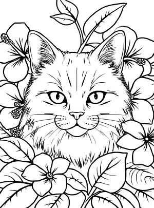 Persian Cat Among Flowers - Printable coloring page