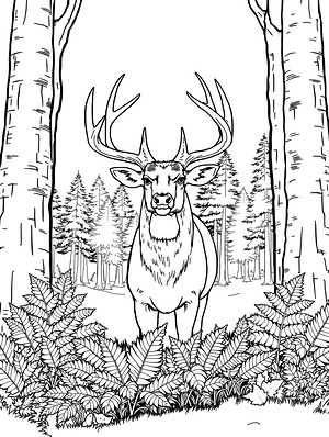 Buck Among Forest Giants - Printable coloring page