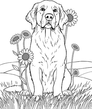 Happy Dog in Meadow - Printable coloring page