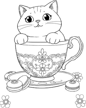 Kawaii Cat in Oversized Teacup - Printable coloring page