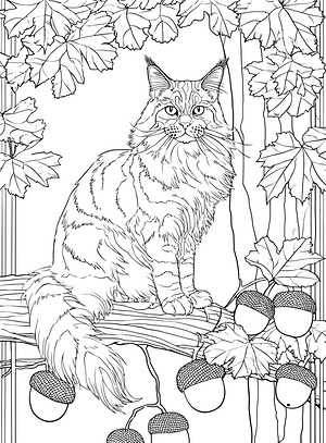 Cat with Acorns - Printable coloring page