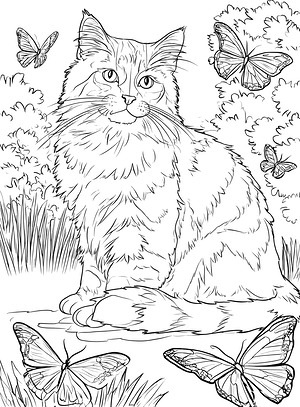 Cat Meets Butterflies - Printable coloring page