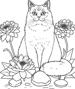 Fluffy Cat With Flowers - Printable coloring page