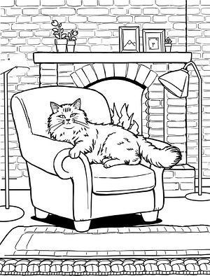 Cat Napping by Fireplace - Printable coloring page