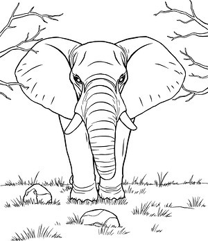 Elephant in Grassland - Printable coloring page