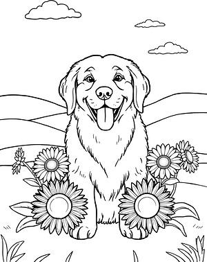 Happy Dog in Meadow - Printable coloring page