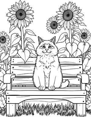 Cat on Garden Bench - Printable coloring page