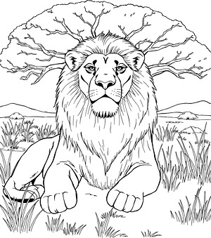 Relaxed Lion Under Tree - Printable coloring page