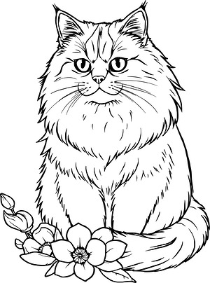 Persian Cat Beside Flowers - Printable coloring page
