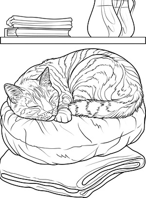 Sleepy Cat on Cushion - Printable coloring page