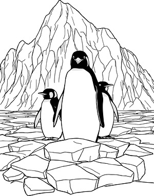 Emperor Penguin Family on Ice Shelf - Printable coloring page