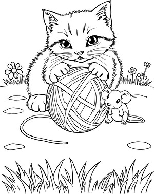Kitten Pounces on Toy - Printable coloring page