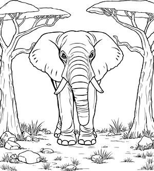 Elephant Among Acacia Trees - Printable coloring page