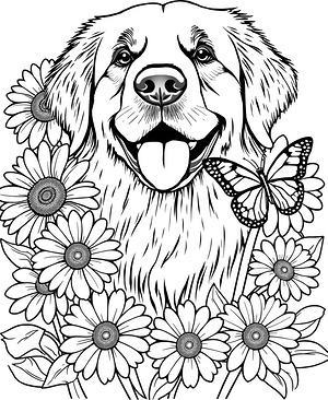 Happy Dog in Garden - Printable coloring page