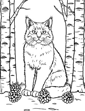 Norwegian Cat in Winter Woods - Printable coloring page