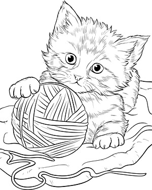 Kitten Pouncing on Yarn - Printable coloring page