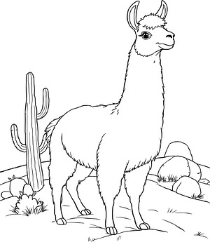Llama next to cactus - Printable coloring page