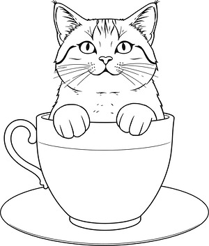 Cat Curled in Teacup - Printable coloring page