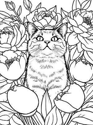 British Shorthair Among Garden Blooms - Printable coloring page