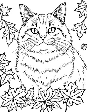 Fluffy Cat in Forest - Printable coloring page