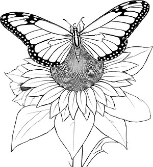 Monarch Resting on Blooming Sunflower - Printable coloring page