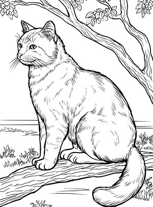 Cat Sits with Curled Tail - Printable coloring page