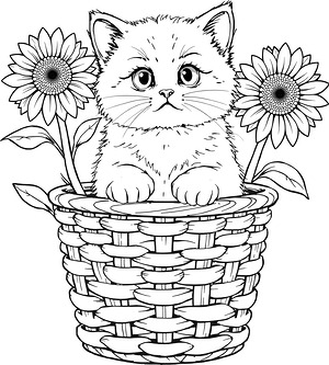 Kitten in Garden Basket - Printable coloring page