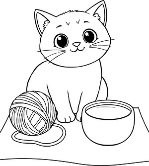 Kitty with Milk Bowl - Printable coloring page