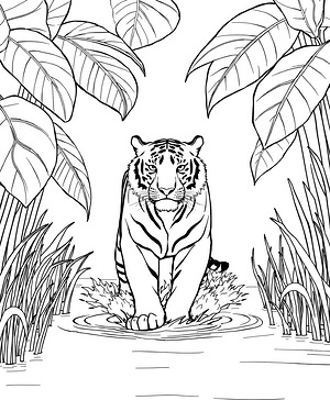Tiger Emerging from Jungle Waters - Printable coloring page