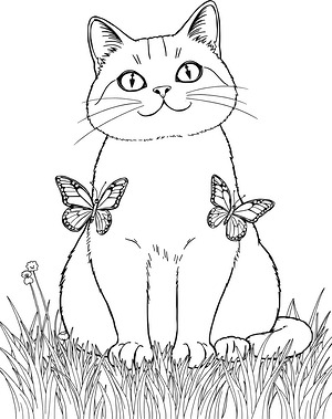 Cat with Resting Butterflies - Printable coloring page