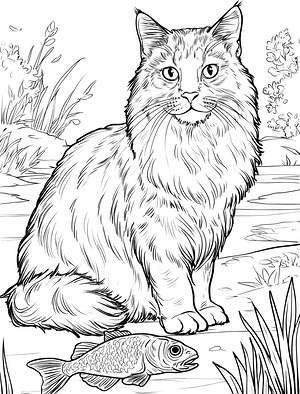 Cat Reaches for Fish - Printable coloring page