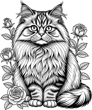 Persian Cat Among Roses - Printable coloring page