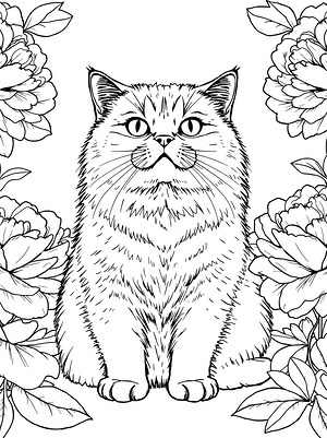Persian Cat Among Blooming Peonies - Printable coloring page