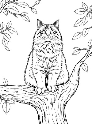Fluffy Cat Forest Perch - Printable coloring page