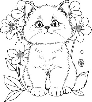 Playful Cat in Flowers - Printable coloring page