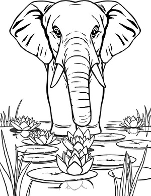 Elephant Among Water Lilies - Printable coloring page