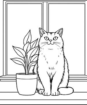 Cat with House Plant - Printable coloring page