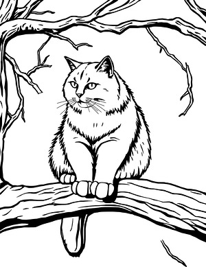 Norwegian Forest Cat on Branch - Printable coloring page