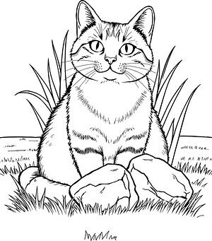 Tabby Cat in Tall Grass - Printable coloring page