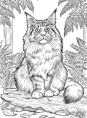 Fluffy Cat in Garden - Printable coloring page