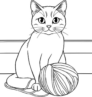Siamese Cat with Yarn Ball - Printable coloring page