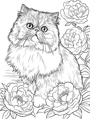 Persian Cat Among Peonies - Printable coloring page