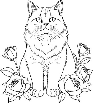 Fluffy Cat With Flowers - Printable coloring page
