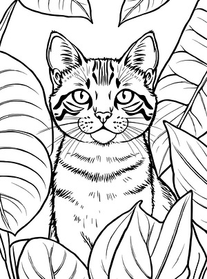 Garden Cat Among Leaves - Printable coloring page
