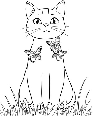 Cat with Perched Butterflies - Printable coloring page