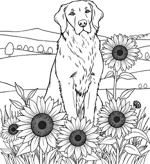 Golden Retriever in Meadow Flowers - Printable coloring page