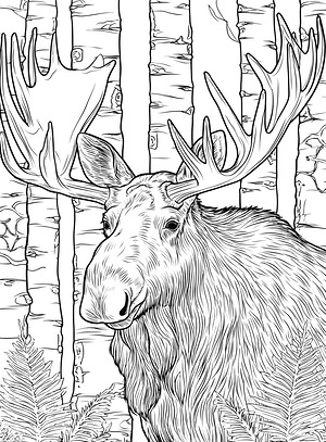 Moose Among the Birches - Printable coloring page